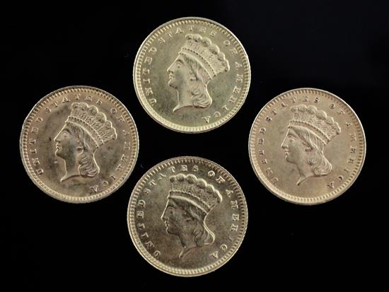 Three United States of America one dollar gold coins, 6.7g gross (4)
